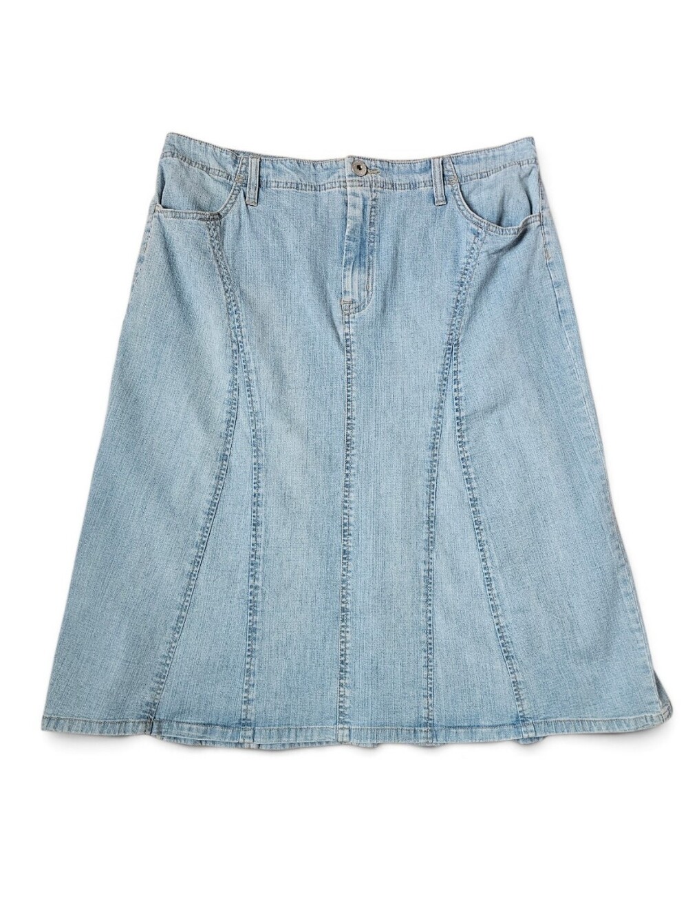 Bandolinoblu Y2K Knee Lenght Light Wash Denim Paneled Flare A-Line Skirt, 16